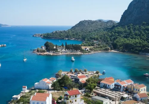 View over Greek islands Kastelorizo and the sea from the ancient fortress