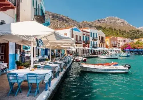 Kastellorizon, Greece-June  8, 2018-People enjoy a relaxing drink as they sit at an outside tables in Kastellorizon Greece.
