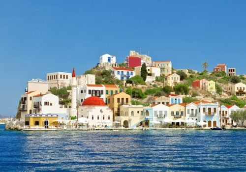 View of the harbour with boats of the town of Kastellorizo. Greece, Kastellorizo island.